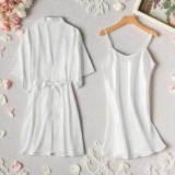 Compleu 2 Piese Dama, Halat si Cămașă de Noapte din Satin, Culoare Alb - MEI01