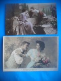 HOPCT 1612 CUPLU-ROMANTICA-FRANTA-LOT 2 CARTI POSTALE VECHI-CIRCULATE