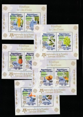 Coasta de Fildes (Cote d&amp;#039;Ivoire} 2005 - 50 ani Europa CEPT,5 blocuri dantelate,MNH,Mi.169A-173A foto