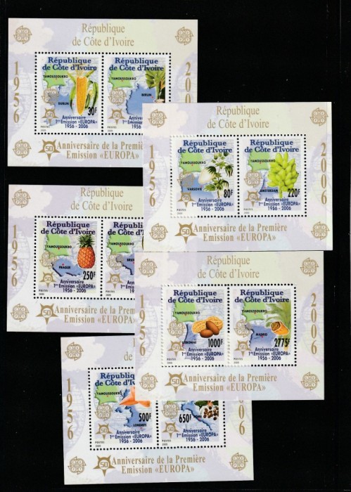 Coasta de Fildes (Cote d&#039;Ivoire} 2005 - 50 ani Europa CEPT,5 blocuri dantelate,MNH,Mi.169A-173A