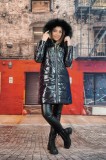 B733-1 Geaca fashion din fas lucios cu imprimeu din strasuri lucioase