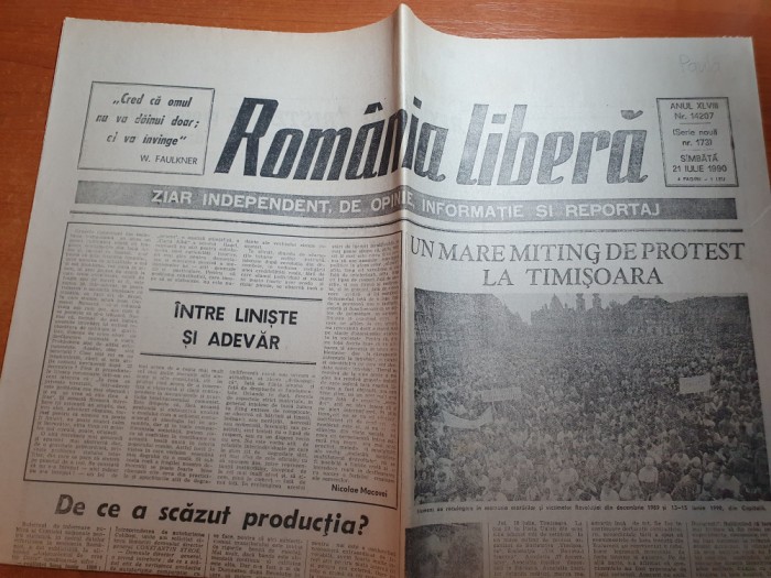 ziarul romania libera 21 iulie 1990-mare miting de protest la timisoara