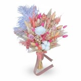 Buchet Diafan Evantai cu Trandafiri Criogenati, Bumbac, Pene Elegante si Plante Naturale Uscate , Rezistent Pana la 10 Ani