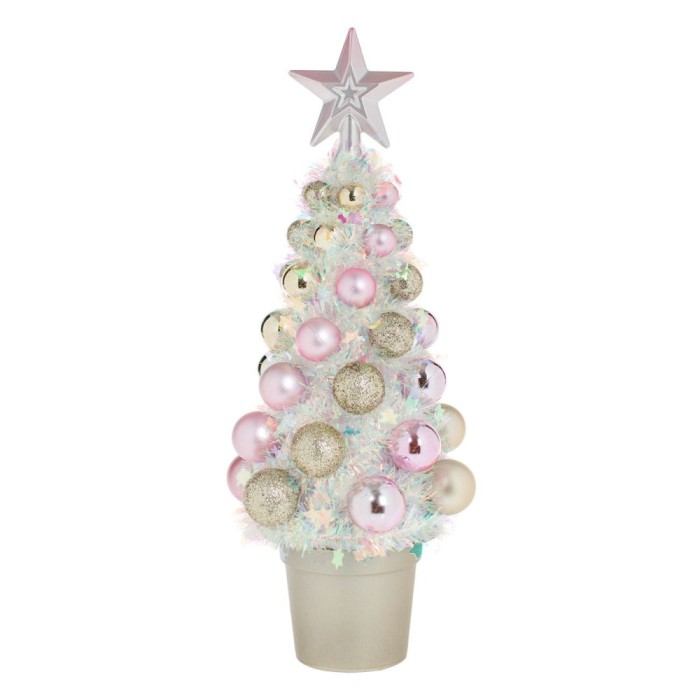 Brad Decorativ de Craciun, Irizat, Tinsel, Globuri Auriu Roz, Inaltime 30cm