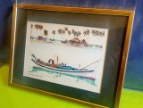 E205-Tablou grafica color ACUARELA PESCARI CU BARCA-Plaja de pescuit Terengganu.