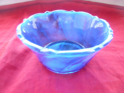 Bol vechi sticla albastra marmorata ,h=5,4cm ,d.sus=10cm foto