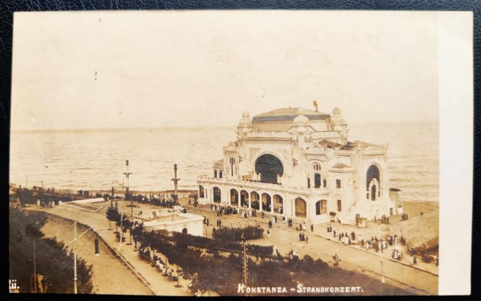 Constanta - Konstanza - Strandkonzert - Cazinoul - 1917, tip fotografie, animata, circulata catre Germania, stampila Feldpost + hexagonala interesanta
