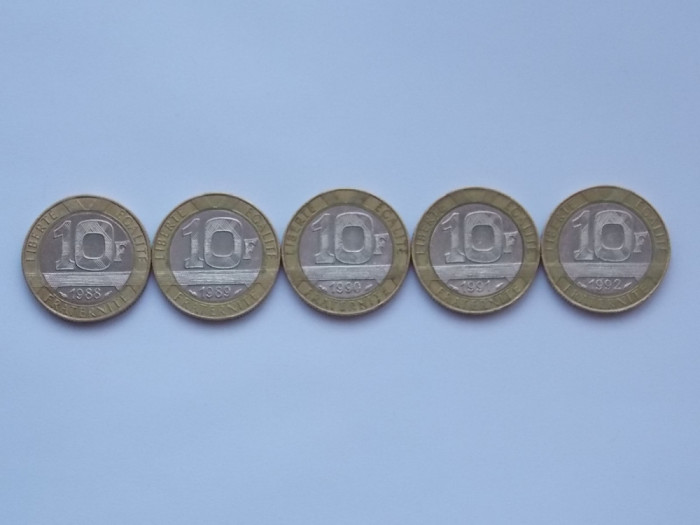 LOT 5 MONEDE DIFERITE 10 FRANCS FRANTA -1988-1992