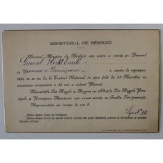 INVITATIE DIN PARTEA MINISTRULUI DE RAZBOIU PENTRU DL. GENERAL ENRIC HERKT SI FAMILIA LA REPREZENTATIA DE LA TEATRUL NATIONAL , 28 NOIEMBRIE , 1902 ,