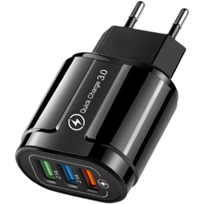 Incarcator Rapid QC3.0, Flippy, 3 Porturi USB, 2.1A, 18W, din ABS, Protectie Supraincalzire, Gama Macarons, Negru