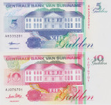 Bancnota Suriname 5 si 10 Gulden 1996-98 - P136b/137b UNC ( set x2 )