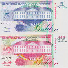 Bancnota Suriname 5 si 10 Gulden 1996-98 - P136b/137b UNC ( set x2 )