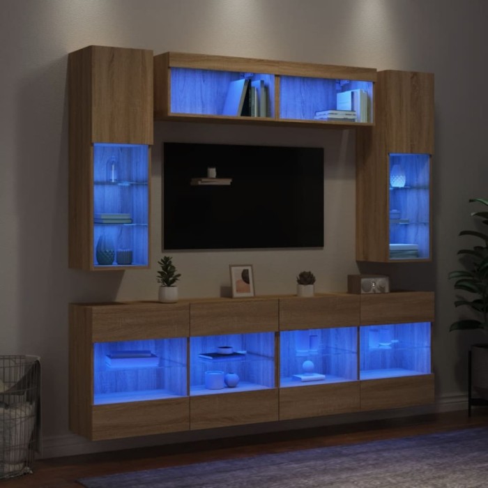 vidaXL Comode TV de perete cu lumini LED, 6 piese, stejar sonoma 3216799