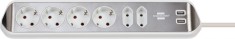 Prelungitor pentru perete colt Brennenstuhl Estilo 6 prize, 2 USB, 3.1 A, 2m Inox, Adeziv inclus, Argintiu-Alb