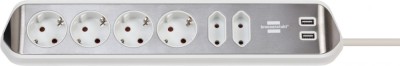 Prelungitor pentru perete colt Brennenstuhl Estilo 6 prize, 2 USB, 3.1 A, 2m Inox, Adeziv inclus, Argintiu-Alb foto