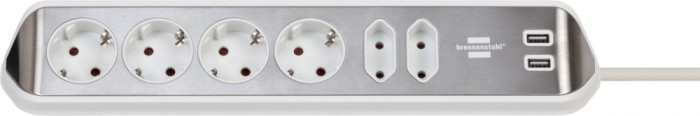 Prelungitor pentru perete colt Brennenstuhl Estilo 6 prize, 2 USB, 3.1 A, 2m Inox, Adeziv inclus, Argintiu-Alb