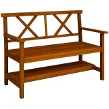 Outsunny Bancă din Lemn, Bancă cu 2 Locuri de Exterior cu Raft de Depozitare, Spătar, Cotiere și Scaun, 125x58x88 cm, Carbonizat | Aosom Romania