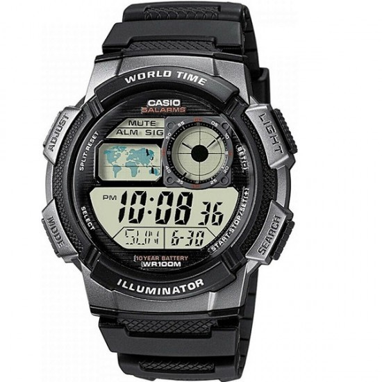 Casio World Time Illuminator Digital Men&#039;s Watch 44mm Chronograph Automatic with Black Rubber Strap AE-1000W-1BVEF