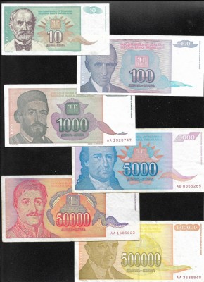 Set Iugoslavia 10 + 100 + 1000 + 5000 + 50000 + 500000 dinari dinara 1994 foto