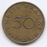 Saarland 50 Franken 1954 - Bronz aluminiu, 27mm, KM-3 (3), Europa, Bronz-Aluminiu