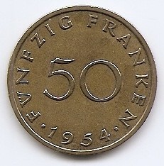 Saarland 50 Franken 1954 - Bronz aluminiu, 27mm, KM-3 (3) foto