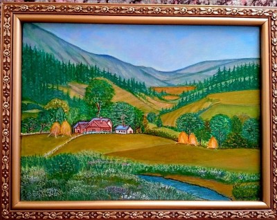 Ferma intre dealuri,tablou pictat manual, dimensiune panza 30/40 cm, rama lemn foto