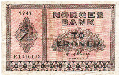 Norvegia 2 Kroner 1947 P-16b Seria 1316133 foto
