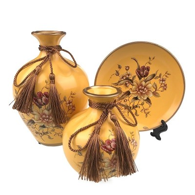 Set 2 vaze decorative si farfurie din ceramica, Galben, 724H-2 foto