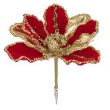 Ornament de Crăciun Floare Catifelate Roșii cu Margele Aurii și Clips 20cm, CMCLASS