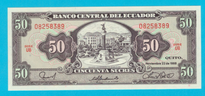 Ecuador 50 Sucres 1988 &#039;Independenta&#039; UNC serie: UB 08258389