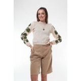 Pulover dama tricotat cu frunze aplicate Creamy