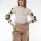 Pulover dama tricotat cu frunze aplicate Creamy
