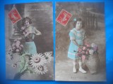 HOPCT 1748 COPII-TCV-ROMANTICA-FRANTA-LOT 2 CARTI POSTALE VECHI-CIRCULATE