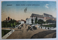 BUCURESTI - PALATUL JUSTITIEI SI SPITALUL BRANCOVENESC , CARTE POSTALA ILUSTRATA , POLICROMA , CIRCULATA , 1921 foto