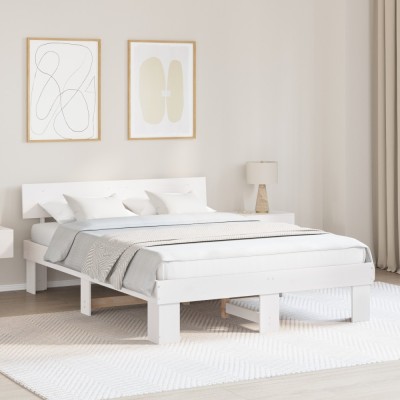 vidaXL Cadru de pat cu headboard Alb 140 x 200 cm Lemn de brad solid foto