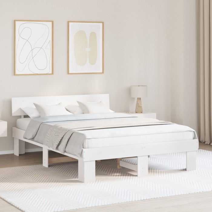 vidaXL Cadru de pat cu headboard Alb 140 x 200 cm Lemn de brad solid