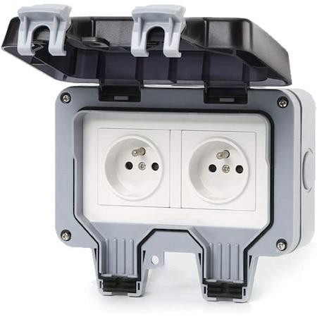 Priza dubla IP66, De exterior, Policarbonat, Impermeabila, Gri/Alb