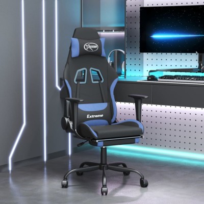 vidaXL Scaun de gaming cu suport picioare, negru și albastru, textil foto