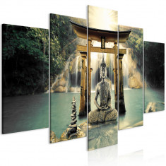 Tablou canvas, 5 piese, Zambetul lui Buddha, 100 x 50 cm foto