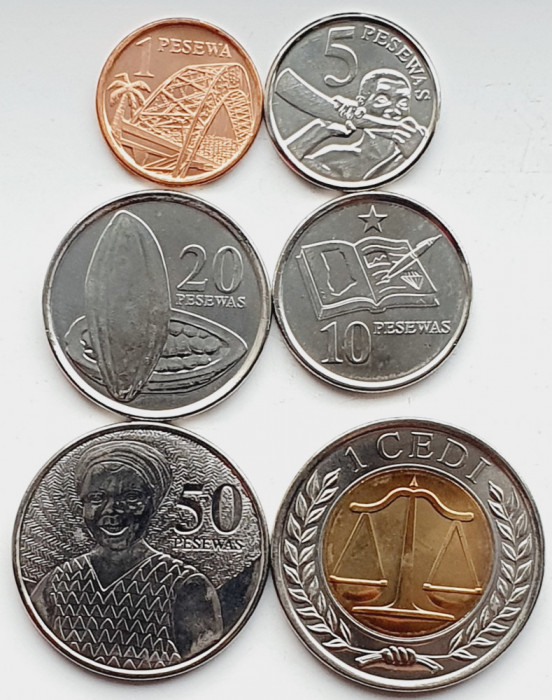 Set 6 monede Ghana 1, 5, 10, 20, 50 pesewas 1 Cedi 2007 - 2016 UNC - A028