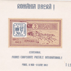 ROMANIA EXIL 1963 - COLITA - CENTENARUL PRIMEI CONFERINTE POSTALE - NEDANTELATA