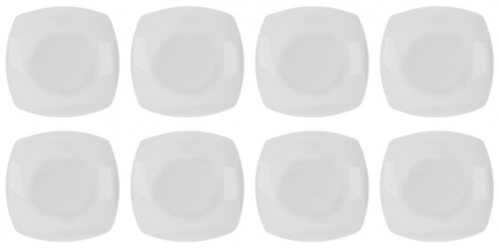 Set farfurii 8 piese, Servit Fructe Patrate, Albe, Portelan, diametru 18x18 cm
