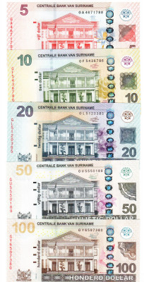 Suriname Set 5-10-20-50-100 Dolari 2012-2020 P-162-166 UNC foto