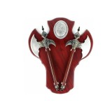 Cumpara ieftin Panoplie Decorativa Lemn Maro cu 2 Topoare, Scut Medieval 55cm, Obiect Colectie, Decor Perete Rustic