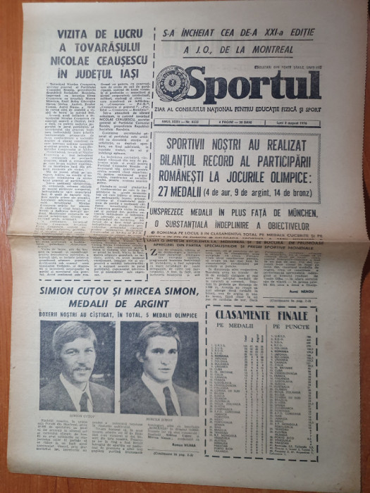 sportul 2 august 1976-romania a obtinut 27 medalii la jocurile olimpice montreal