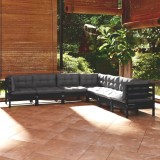 vidaXL Set mobilier grădină cu perne, 7 piese, negru, lemn masiv pin 3096795
