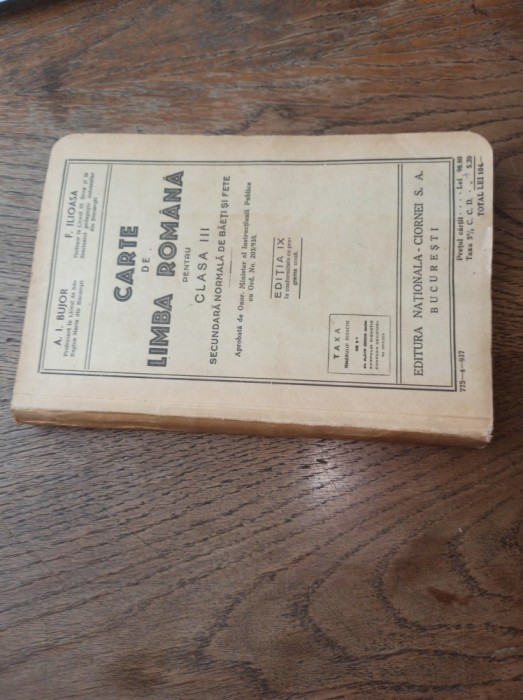 MANUAL- CARTE DE LIMBA ROMANA, CLASA III, 1937 - A.I.BUJOR * F.ILIOASA