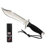Cumpara ieftin Set cuțit tactic cu lamă fixă pentru activități outdoor și supraviețuire si spray autoaparare chili DEPOX&reg;, otel inoxidabil, 30 cm/60 ml