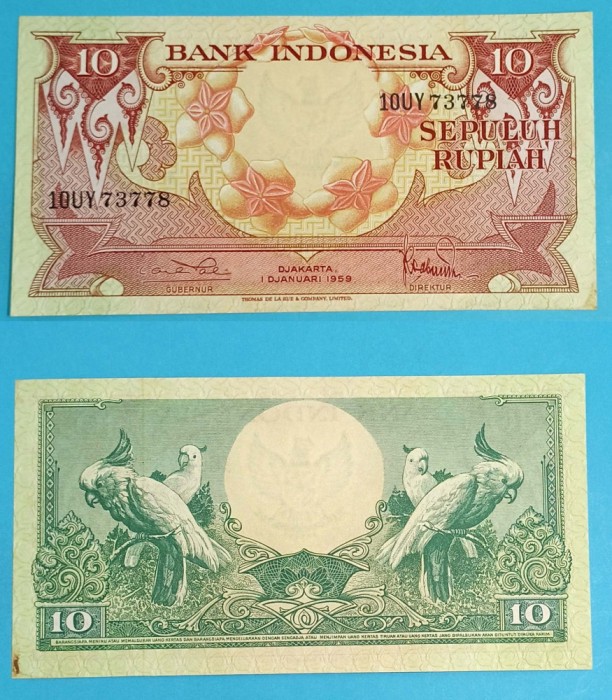 Indonezia (p#66) 10 Rupiah 1959 &#039;Cacadu Umbrelat&#039; serie: 10UY 73778