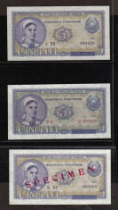 ROMANIA 5 LEI SPECIMEN ,SERIE ROSIE, SERIE ALBASTRA 1952 UNC foto